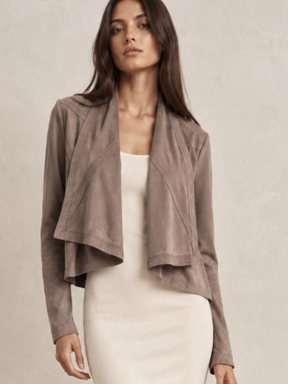 BCBGMAXAZRIA Mocha Faux Suede Draped Cropped Jacket XS